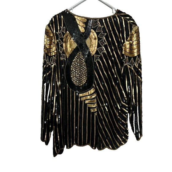 Royal Feelings Blouse Women 2X Sequined Beaded Abstract Graphic Vtg 80s Silk - Picture 2 of 13